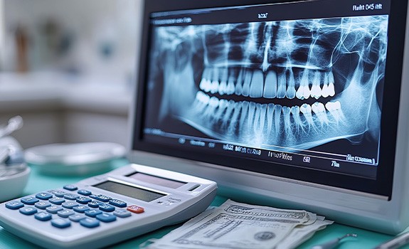 X-ray of a mouth next to a calculator and dollar bills on a dental tray