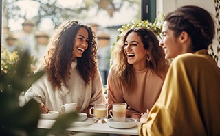 Group of friends smiling while drinking coffee together