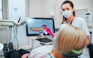 Dentist reviewing scan with patient